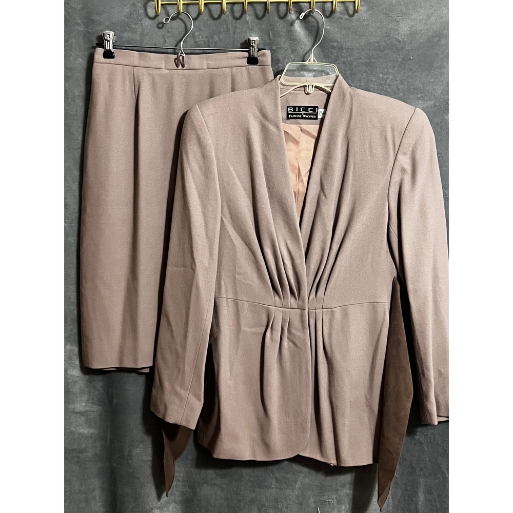 Vintage BICCI Florine Wachter Size 6 Wool Skirt Suit Belted Taupe 2pc